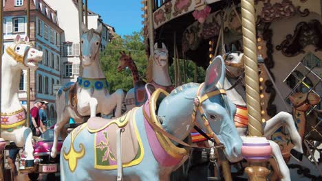 close-up-around-antique-carouse-donkey-and-horses-in-Strasbourg,-France