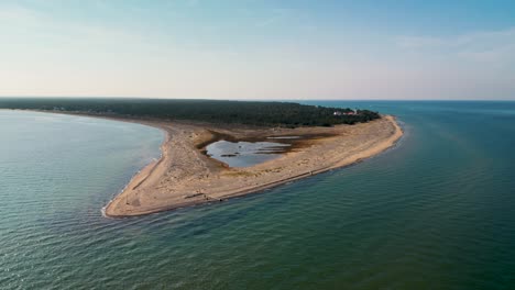 Aerial-orbit-of-whitefish-point-peninsula-beach-tip,-lake-superior,-michigan