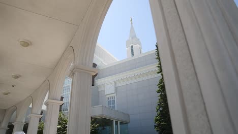 Arch-Pillars-In-The-Building-Of-Bountiful-Utah-Temple,-The-Church-of-Jesus-Christ-of-Latter-day-Saints,-slow-pan-up-shot