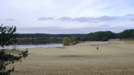 Zeitraffer,-Menschen,-Die-Um-Einen-Strandsee-Spazieren,-Malerische-Waldumgebung,-Lommelse-Sahara