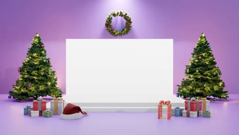 Festliche-Feiertagsanzeige-Mit-Weihnachtsdekorationsmodell,-Lila-Hintergrund