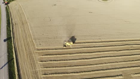 Circular-aerial-view-of-grain-field-being-harvested-by-combine-and-road-with-cars-driving-next-to-it