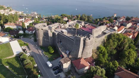 Fortress,-Herceg-Novi-in-Montenegro,-aerial-orbit-around-castle