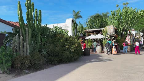 Walking-towards-entrance-to-the-Old-town-San-Diego-with-cactuses-and-different-flora,-people,-visitors