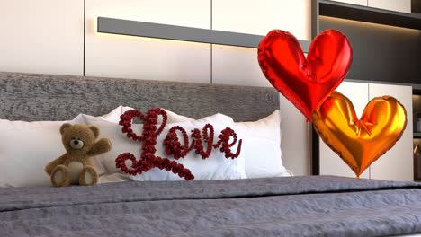 Liebeskissen,-Ein-Teddybär-Und-Herzförmige-Luftballons-Auf-Einem-Bett-–-3D-Innendarstellung