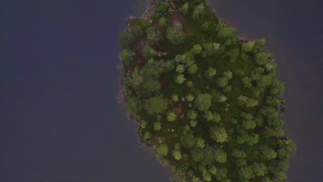 Epic-nature-scene-of-lush-green-pine-island-surrounded-by-calm-Norwegian-lake,-aerial