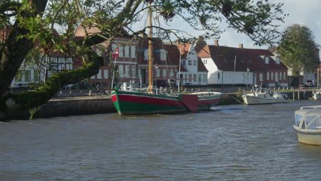 Historic-fishing-boat-moored-in-Ribe,-Denmark's-oldest-town