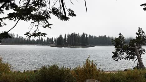 island-on-Huntington-Lake-in-california-during-a-foggy-day-natural-framing-STATIC-VIDEO
