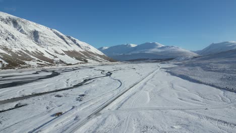 Snowy,-winter-landscape-in-the-North-of-Iceland-on-the-ring-road,-aerial