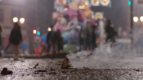 Burning-firecracker-flying-away-during-Fallas-celebration-in-Spain