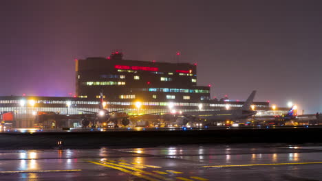 Timelapse-of-illuminated-Terminal-F-in-Sheremetyevo-Airport-at-night-Moscow