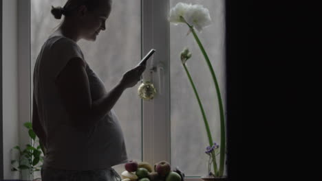 Cheerful-pregnant-woman-with-mobile-in-the-kitchen