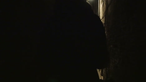 Woman-running-in-dark-alleyway-at-night