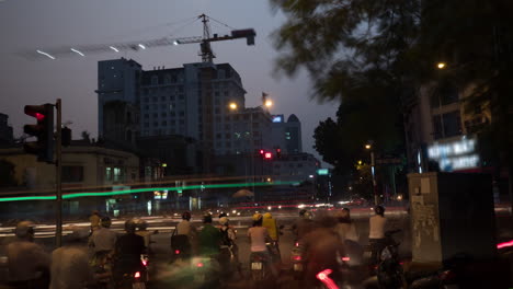 Time-lapse-shot-of-intersection-at-night-Hanoi-Vietnam
