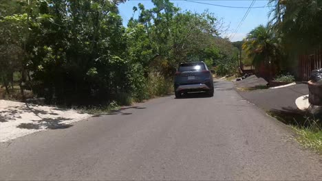 nissan-x-trail-driving-on-street-between-trees,-SUV-compact-crossover-SUV