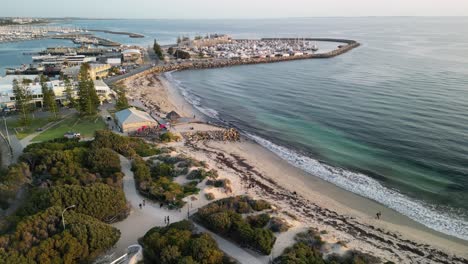 Aerial-of-Bathers-Beach,-also-known-as-Whalers-Beach,-section-of-coastline-that-has-a-written-history-since-the-European-settlement-of-Fremantle,-Western-Australia