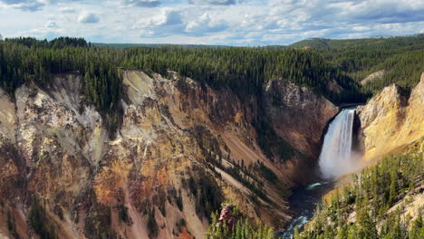 Waterfalls-Grand-Canyon-of-the-Yellowstone-National-Park-river-Upper-lower-Falls-Lookout-Artist-Point-autumn-Canyon-Village-stunning-early-morning-first-light-landscape-tree-cinematic-pan-right-slowly
