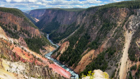 Grand-Canyon-of-the-Yellowstone-National-Park-river-Upper-lower-Falls-waterfall-lookout-artist-point-autumn-Canyon-Village-lodge-roadway-stunning-daytime-landscape-view-cinematic-pan-left-slowly