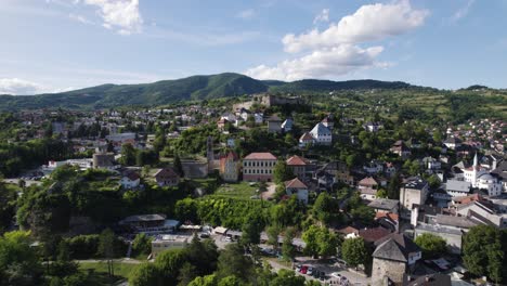 Jajce-Town-Aerial-with-Historic-Castle,-Bosnia-and-Herzegovina
