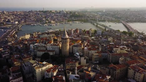 View-of-Beyoglu-district-with-Galata-tower-and-bridge,-Istanbul