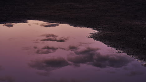 Reflection-of-clouds-passing-in-the-sky-in-a-puddle-at-sunset---time-lapse