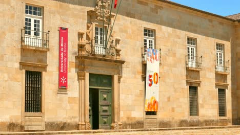 Entrance-to-the-University-of-Minho-in-celebration-of-its-50th-anniversary-foundation-in-Braga,-Portugal