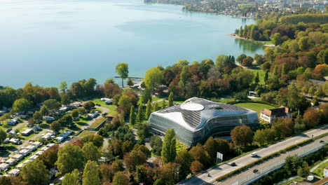 Fly-Over-The-International-Olympic-Committee-Headquarters-In-Lausanne,-Switzerland