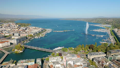 Aerial-View-Of-Pont-du-Mont-Blanc,-Harbor-And-Geneva-Water-Fountain-In-Geneva,-Switzerland