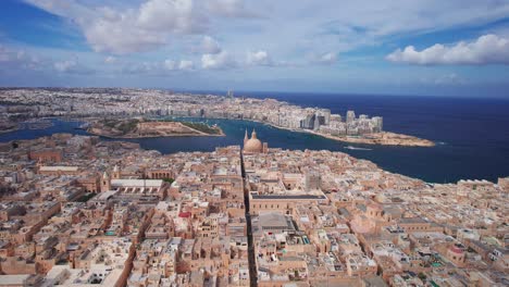 Aerial-Skyline-of-Valletta-City,-St-Pauls-Cathedral-and-Manoel-Island-in-Malta