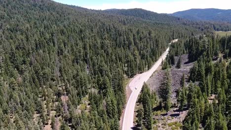 Aerial-video-of-a-pine-tree-forest-with-road-in-the-middle-traveled-by-cars,-along-with-hills-in-the-horizon-in-Lassen-National-Forest