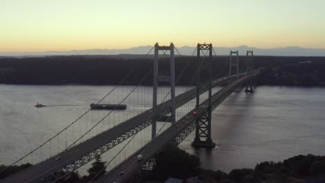 Traffic-On-Twin-Suspension-Bridges-Of-Tacoma-Narrows-Bridge-In-Pierce-County,-Washington,-USA