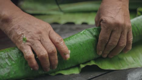 Closeup-of-hands-wrapping-a-fish-in-Banana-Leaves-preparing-to-smoke-it,-Amazonian-jungle-Peru