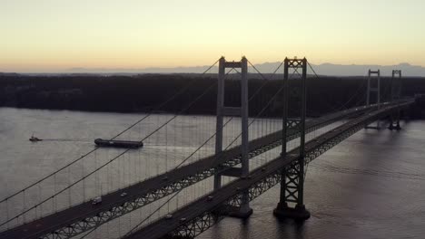 Aerial-View-Of-Tacoma-Narrows-Bridge-On-Dusk-In-Washington-State,-USA