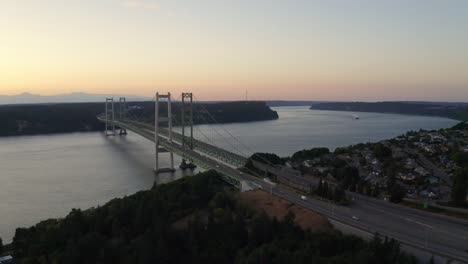Panorama-Of-Tacoma-Narrows-Bridge-Across-The-Puget-Sound-During-Sunset-In-Washington-State,-USA