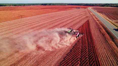 Dusty-Combine-Harvesting-Soy-Field,-Georgia,-Usa
