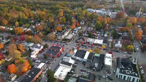 High-aerial-view-of-downtown-Granville-main-drag,-Autumn-Colors,-Ohio