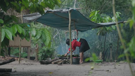 Statische-Aufnahme-Einer-Indigenen-Frau,-Die-über-Einer-Kleinen-Hütte-Im-Dschungel-Das-Mittagessen-Zubereitet