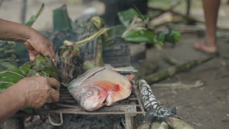 Pescado-Sobre-Un-Fuego-Abierto-Y-Algunas-Manos-Poniendo-Hojas-Envueltas-Al-Lado,-Selva-Peruana