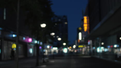Defokussierte-Aufnahme-Einer-Nächtlichen-Straße-Mit-Beleuchteten-Bannern