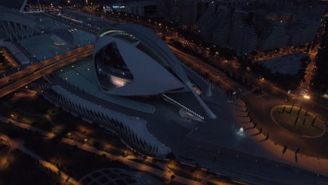 Flying-over-City-of-Arts-and-Sciences-in-Valencia-at-night