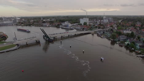 Aerial-view-of-river-with-drawbridge-and-ship-Netherlands