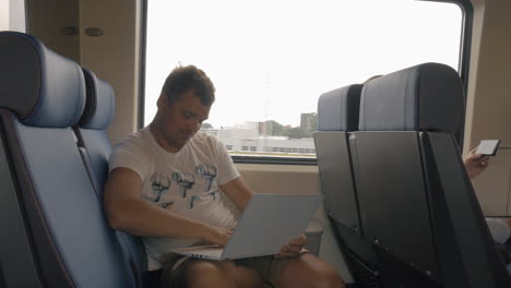 Vista-De-Un-Joven-Sentado-En-El-Tren-Y-Usando-Una-Computadora-Portátil-Contra-La-Ventana-Durante-El-Viaje-A-Holanda