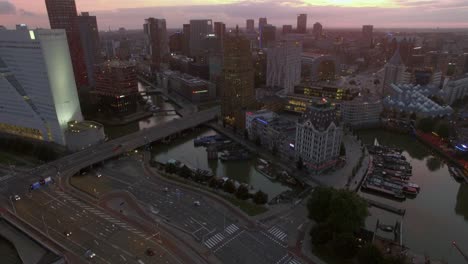 Aerial-evening-shot-of-Rotterdam-cityscape-and-traffic