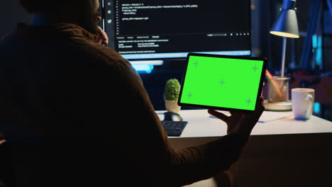 Software-developer-watching-programming-video-tutorial-on-isolated-screen-tablet