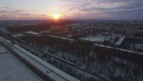 Aerial-view-of-winter-St-Petersburg-at-sunrise-Russia