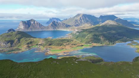 Lofoten-Islands-Panorama-Viewpoint-at-Mountain-Ridge-in-Norway,-Scandinavia---Pan-Left