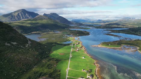 Lofoten-Islands-Mountain-Landscape-and-Panorama-View-in-Norway,-Scandinavia---Aerial