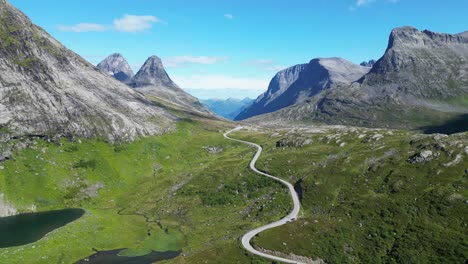 Scenic-Route-to-Trollstigen-in-Reinheimen-National-Park,-Norway---Aerial-Circling