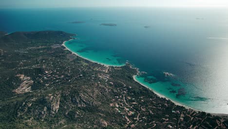 high-altitude-aerial,-drone-footage-of-two-long-beaches,-Corsica
