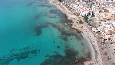 Mallorca:-Aerial-View-Of-Resort-Town-Son-Servera-On-Majorca-Island,-Spain,-Europe-|-Cruise-Ship-Follow-To-City-Beach-Coast
